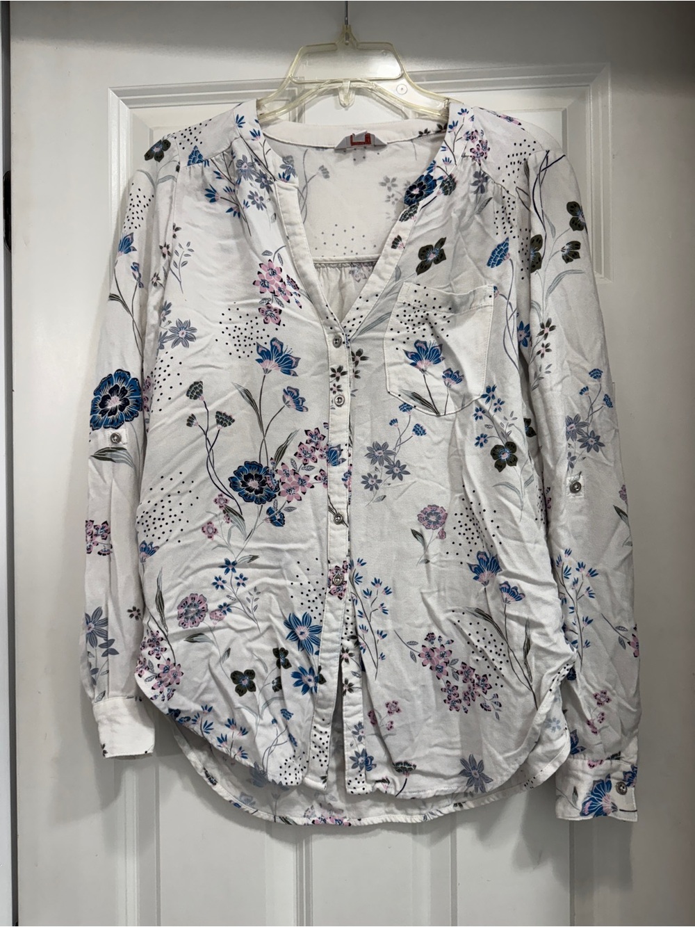 Candie's White Floral Button-Front Shirt with Blue & Pink Accents